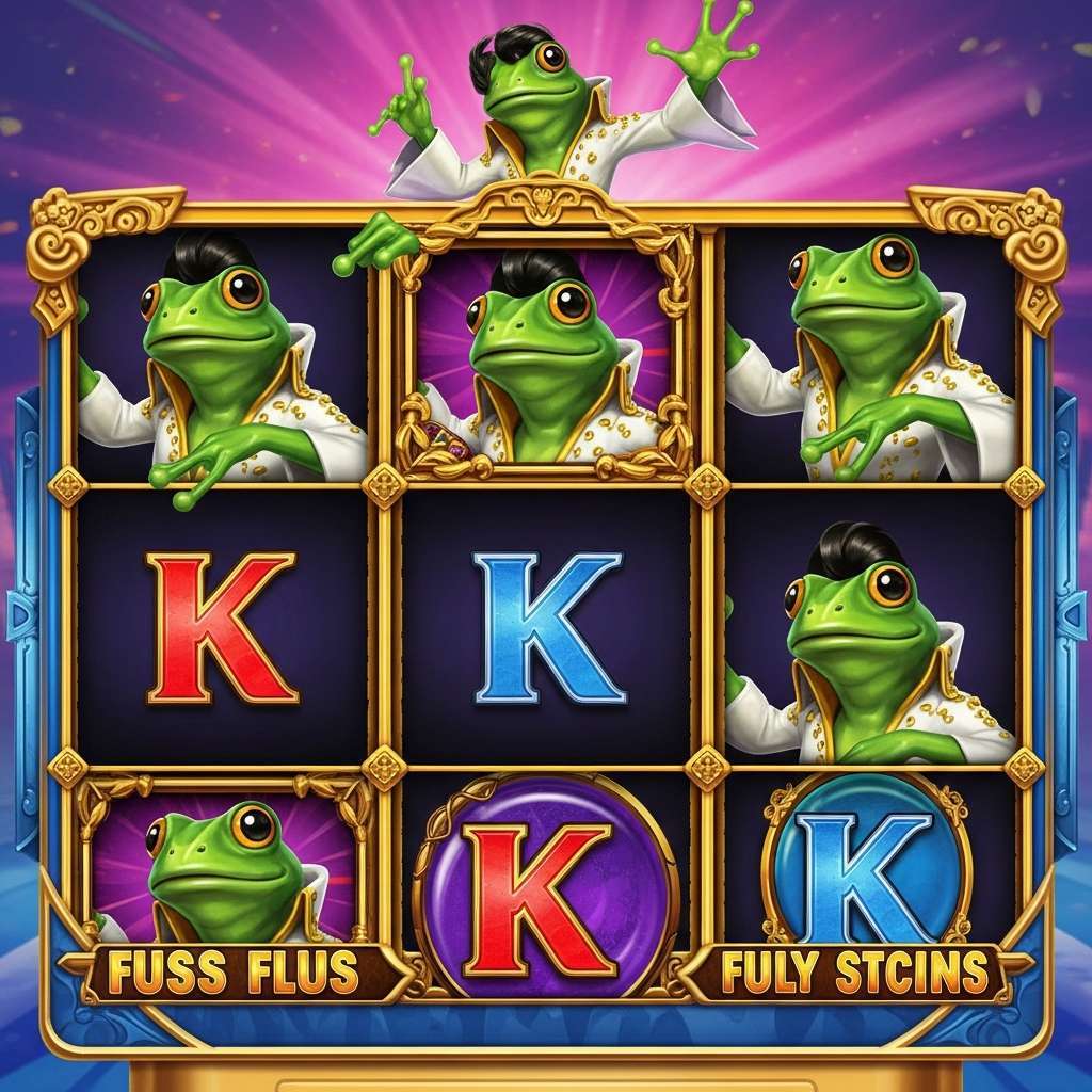 Elvis Frog in Vegas Smiling man, brown hair, hazel eyes, blue shirt